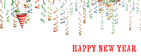 Happy New Year Party Grusskarte freigestellt auf weißem Hintergrund
