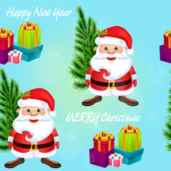 Christmas poster design with snowman characters.Santa Claus.Happy Christmas companions.Vector Christmas.Seamless holiday background .