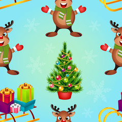 Christmas poster design with snowman characters.Santa Claus.Happy Christmas companions.Vector Christmas.Seamless holiday background .