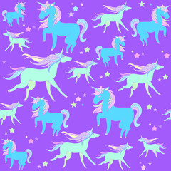 Fototapeta na wymiar Blue and green unicorns on a violet background with stars.