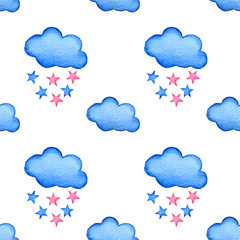 Blue watercolor clouds and stars background. Hand painted cloud isolated on white.