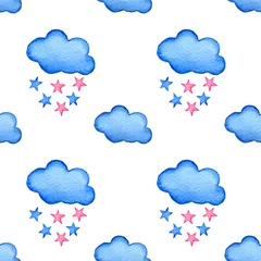 Fototapete Blue watercolor clouds and stars background. Hand painted cloud isolated on white. © chumakova