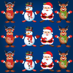 Fototapeta premium Christmas poster design with snowman characters.Santa Claus.Happy Christmas companions.Vector Christmas.Seamless holiday background .