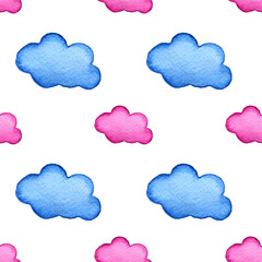 Blue watercolor clouds background. Hand painted cloud isolated on white.