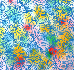 abstract multicolored pattern of braids and curls on watercolor background