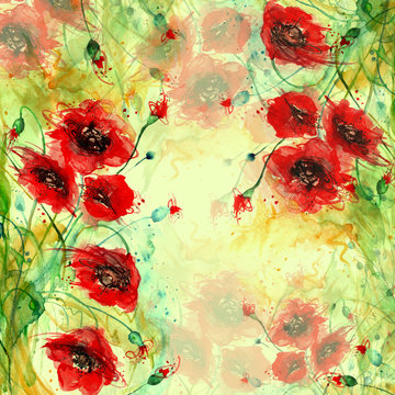 Watercolor red poppy flowers. Painting, hand drawing, paint splash. Beautiful vintage card, invitation, announcement, frame with place for text. A series of works.