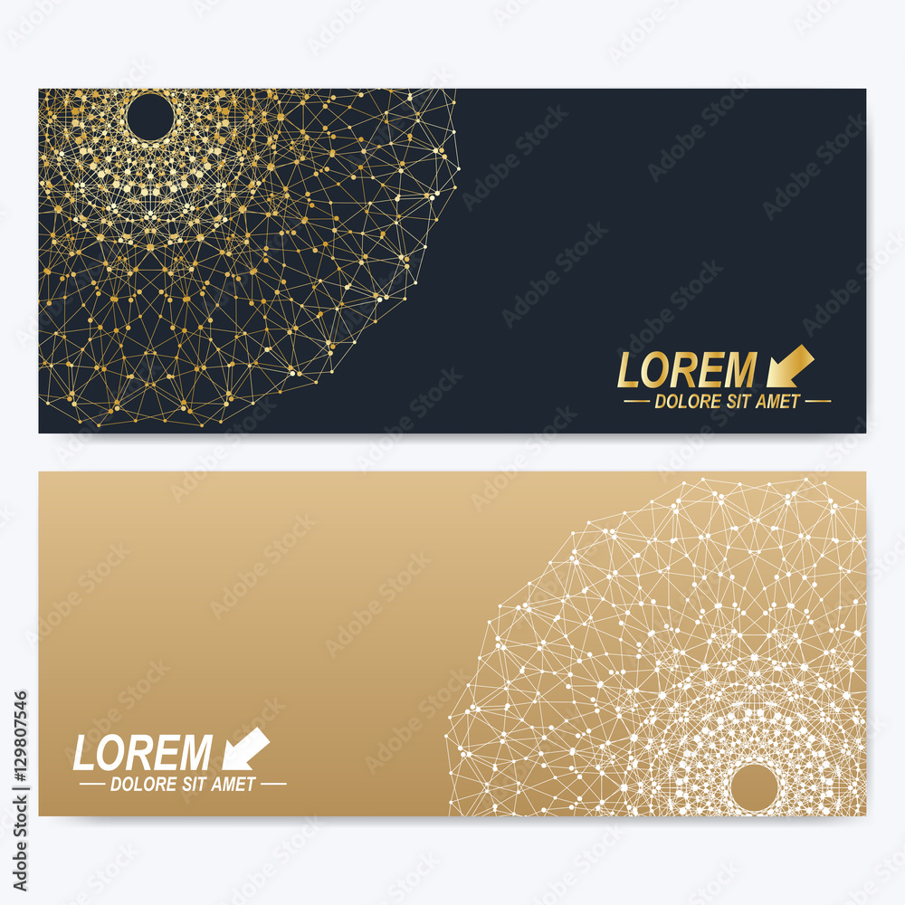 Poster Modern set of vector banners. Geometric abstract presentation with golden mandala. Molecule and communication background for medicine, science, technology, chemistry. Digital or science representation
