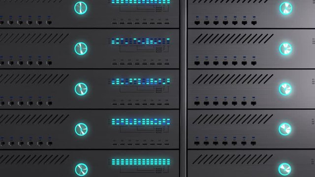Working data servers. LED lights are flashing. Camera zoom.