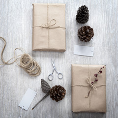 Various items for gift wrapping are on the table.