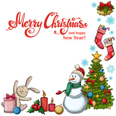 Corner frame with Christmas icons. Colorful sketch style Christmas illustration for decoration. Vector.