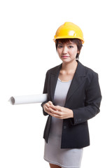 Asian engineer woman with blueprints.