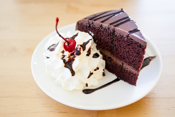 Dark chocolate cake close up.