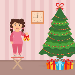 Cute beautiful girl standing on a chair near the Christmas Tree. Room interior in flat style. Christmas vector illustration.