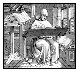Medieval monk copying an ancient manuscript, vintage engraving - obrazy, fototapety, plakaty
