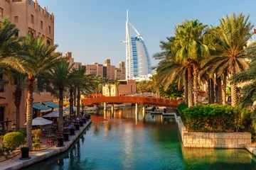Foto op Plexiglas Stadsgezicht met prachtig park met palmbomen in Dubai, Verenigde Arabische Emiraten © oleg_p_100