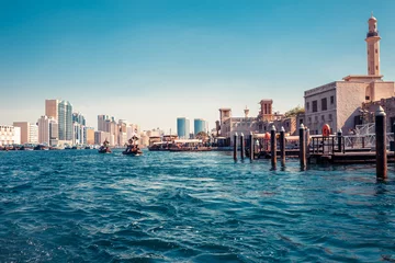Printed kitchen splashbacks City on the water Skyline view of Dubai Creek with traditional boats and piers. Sunny summer day. Famous tourist destination in UAE.