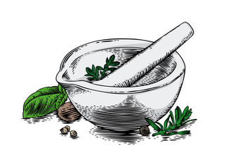 Ceramic mortar with herbs and spices