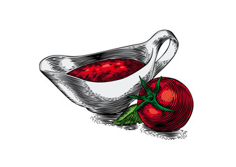 Tomato sauce in the sauce boat and fresh tomato