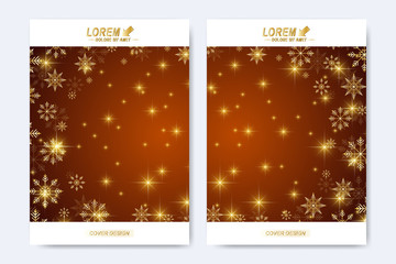 Modern vector template for brochure, leaflet, flyer, cover, magazine or annual report. Christmas and Happy New Years Layout in A4 size. Holidays book layout. Winter background with golden snowflakes.