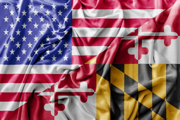 Ruffled waving United States of America and Maryland flag