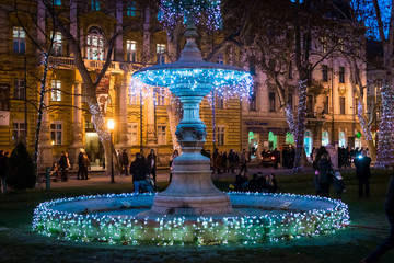 Obraz premium Fountain in christmas lights, evening
