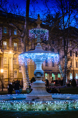 Fountain in christmas lights, evening
