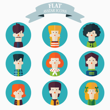 Set of flat people icons. Male and female faces avatars