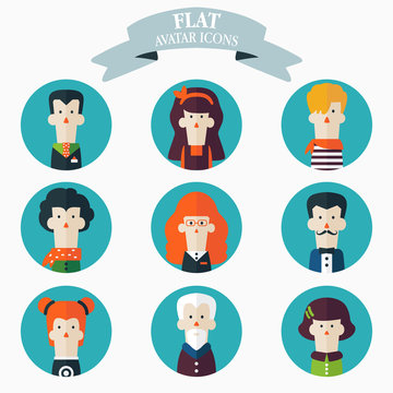 Set of flat people icons. Male and female faces avatars