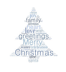 Merry Christmas word cloud shaped as a Christmas tree in purple color