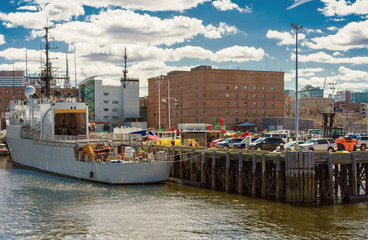 White ship moored near the pier in Boston