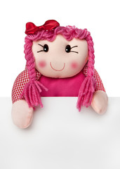 Waldorf doll with banner isolated on white background