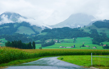 Road at Prealps mountains in Gruyere in Fribourg Switzerland