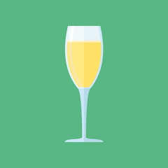 Glass of champagne isolated on green background. Wine flat style icon. Vector illustration.
