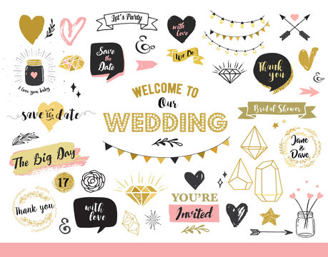 Chic Wedding Party glitter greeting cards and invitations. Gold hearts, speech bubbles, stars and other elements. Vector element, backgrounds. Gold, pink and blue sparkle, chic style