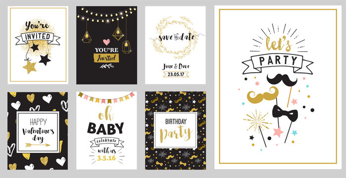 Chick Party glitter greeting cards and invitations. Gold hearts, speech bubbles, stars and other elements. Vector element, backgrounds. Gold, pink and blue sparkle, chic style