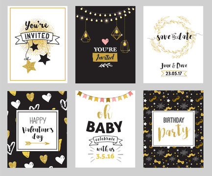 Chic Party glitter greeting cards and invitations. Gold hearts, speech bubbles, stars, elements. Vector element, backgrounds. Golden, pink, blue sparkle