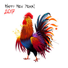Rooster isolated on white background. Hand drawn chinese zodiac symbol of New Year 2017. Bird, cockerel, cock. Greeting card, new year poster or calendar cover design template. Digital illustration