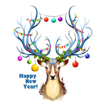 Spotted deer with christmas decorations on its horns. Digital christmas deer portrait isolated on white. Merry Christmas symbol, Santa's helper. Wild animal with New Year decorations. Greeting card