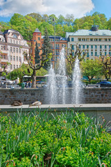 Fountain at Tepla River and Promenade Karlovy Vary