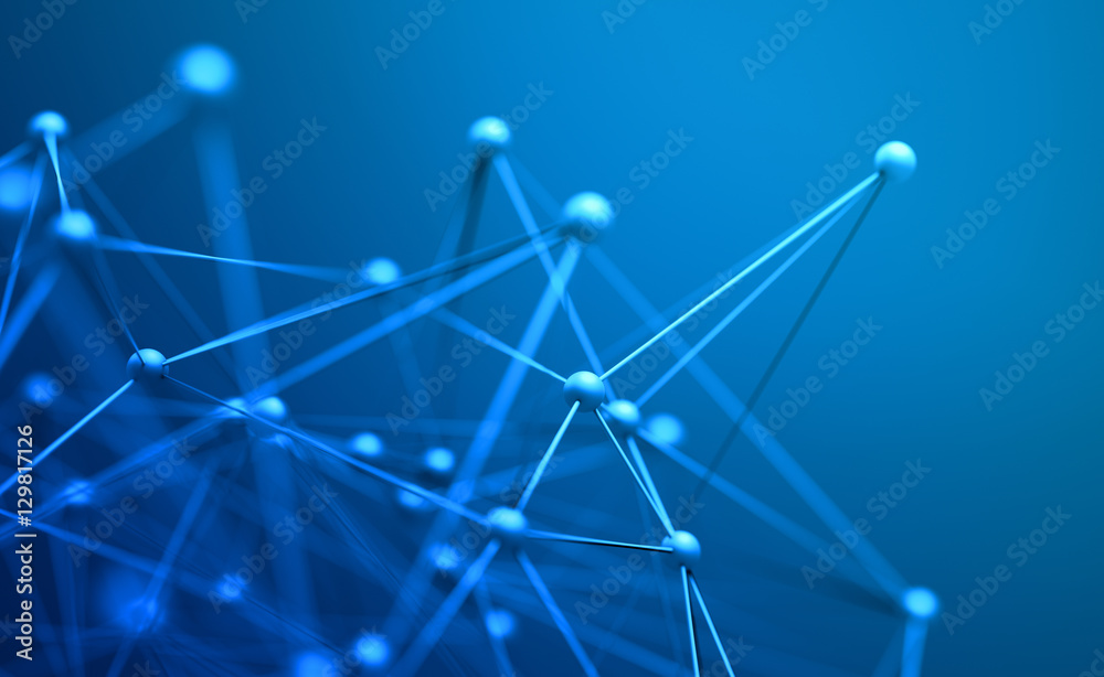 Poster abstract 3d rendering of chaotic structure. plexus background with lines and spheres in empty space.