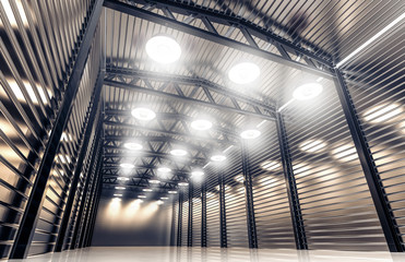 Hangar, warehouse with vintage retro lamps. Template, mockup.
