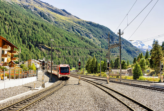 Train at Railway station in Zermatt Switzerland