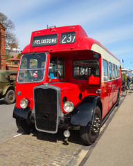  Vintage red Bristol bus parked on Felixstowe seafront.