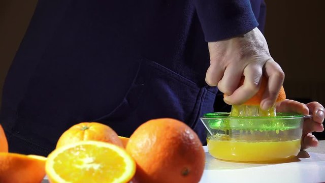 making orange juice with manual orange squeezer, juicer