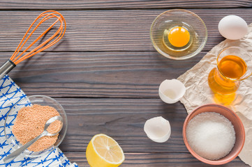 The process of making homemade mayonnaise. Eggs, oil, and other ingredients.