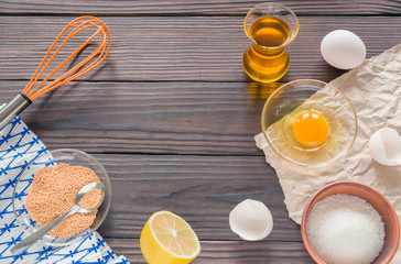 The process of making homemade mayonnaise. Eggs, oil, and other ingredients.