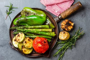 Fotobehang Grill / Barbecue Grilled vegetables zucchini, asparagus, bell pepper, sausages on grill pan