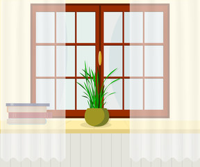 Fototapeta premium Interior. Window with windowsill, blinds/ books and plants.