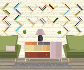 Furniture design. Interior. Living room. A room with books
