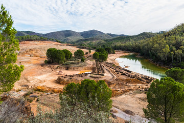 Fototapeta na wymiar Panoramic view of antique exploitation of copper mine in village Sotiel Coronada in Huelva, Andalusia, Spain